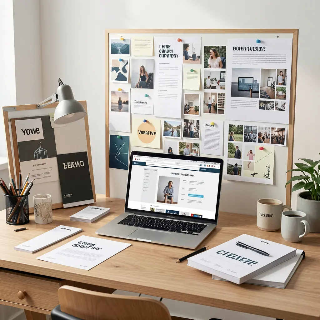 Creative workspace with branding materials and mood board